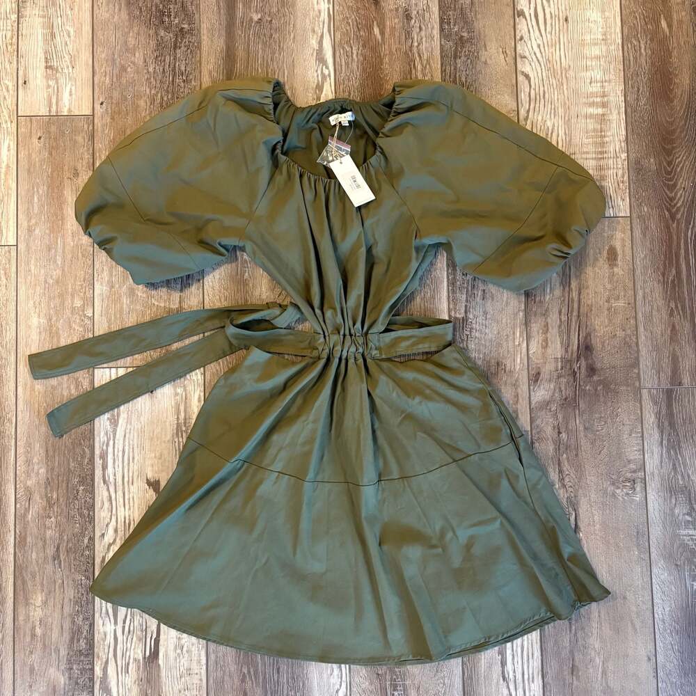 Moon River Back Tie Mini Dress Olive Puff Sleeve Cutout NWT M